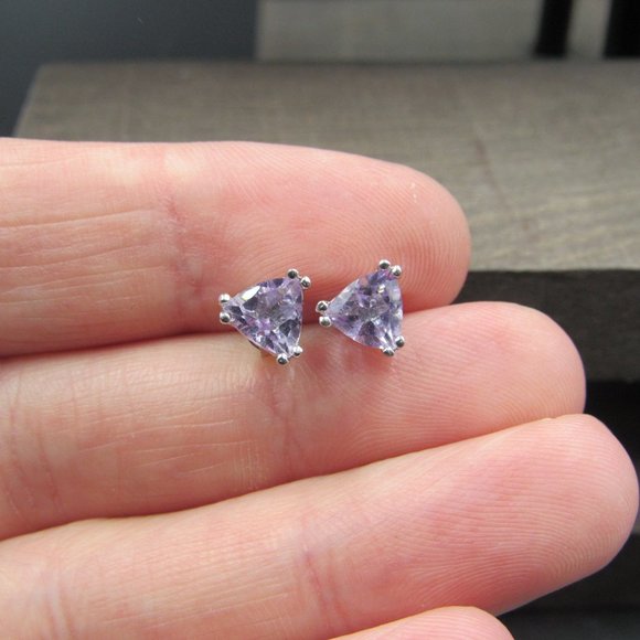 Sterling Ornate Triangle Amethyst Stud Earrings - Picture 2 of 7
